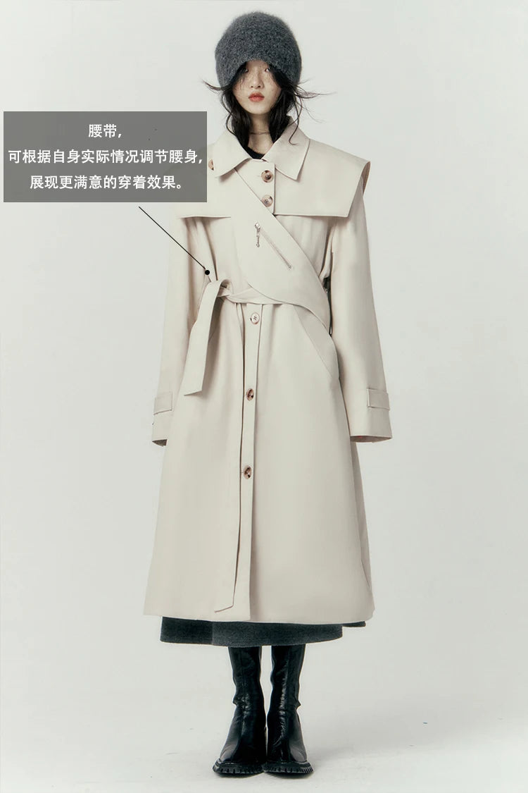 Lautaro Autumn Cool Long Trench Coat for Women Removable Sailor Collar and Pockets Belt Runway Fashion Luxury Designer Clothes