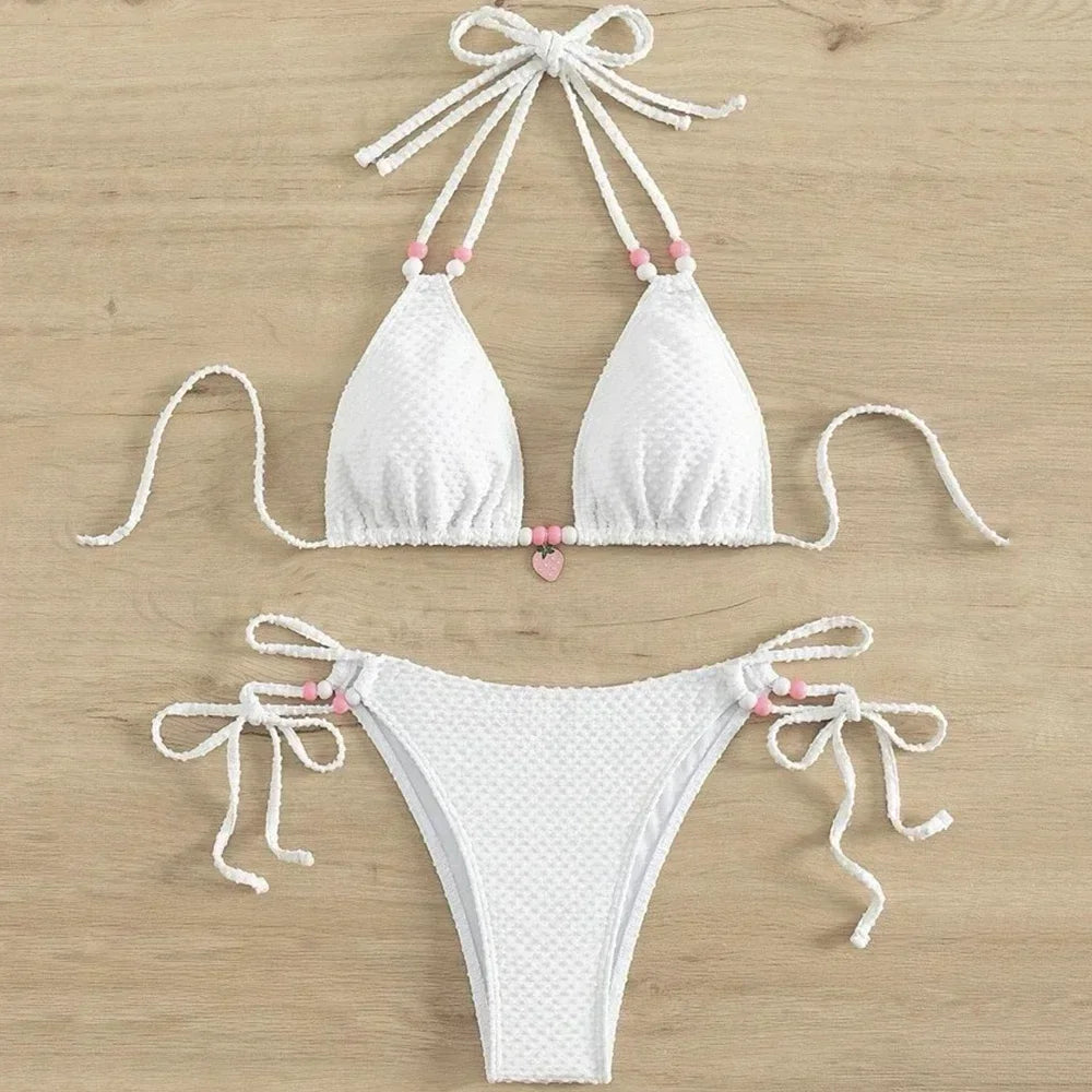 Sexy Pink Micro Thong Bikinis Sets Bead String Halter Swimwear Women Mini Swimsuit Bathing Suit Lace-up Biquinis Triangle Bikini