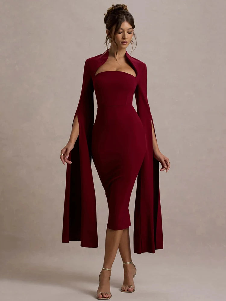 Mozision Cape Long Sleeve Sexy Midi Dress For Women Autumn Winter New Square Collar Back Slit Bodycon Club Party Long Dress Wofashion.xyz