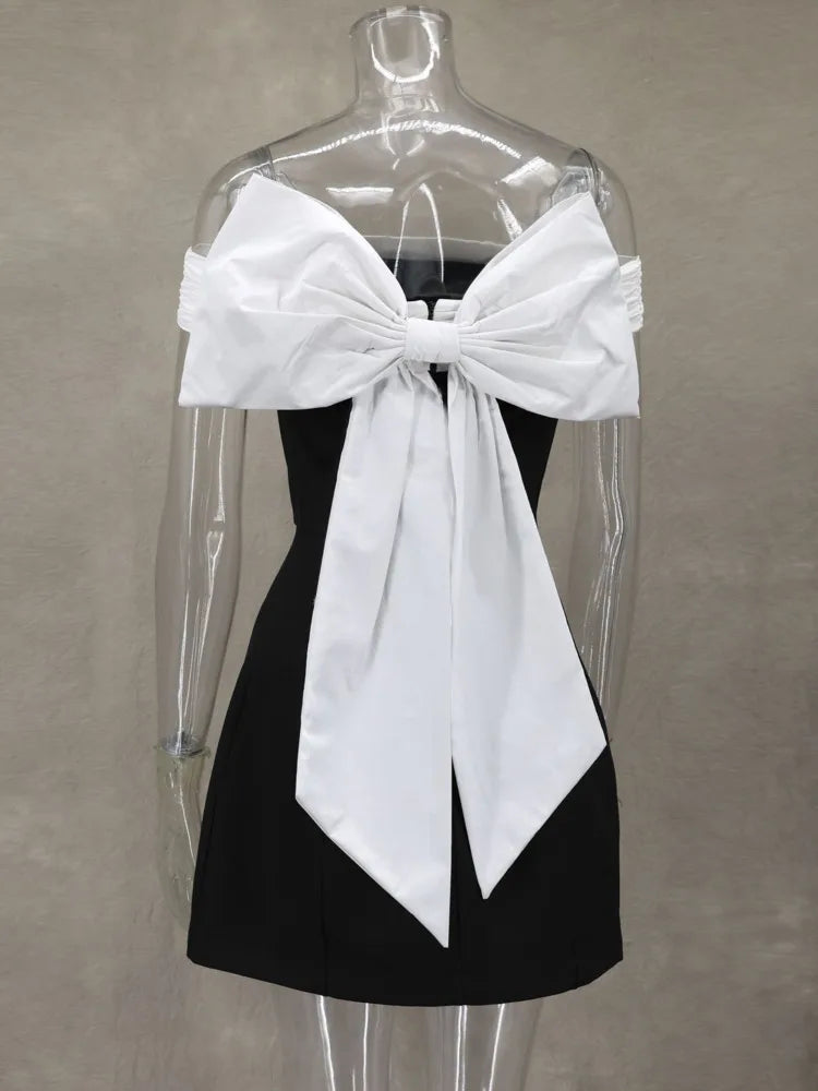 Mozision Bow Backless Sexy Mini Dress For Women Robe Elegant Off-shoulder Strapless Sleeveless A-line Club Sexy Dress Vestido