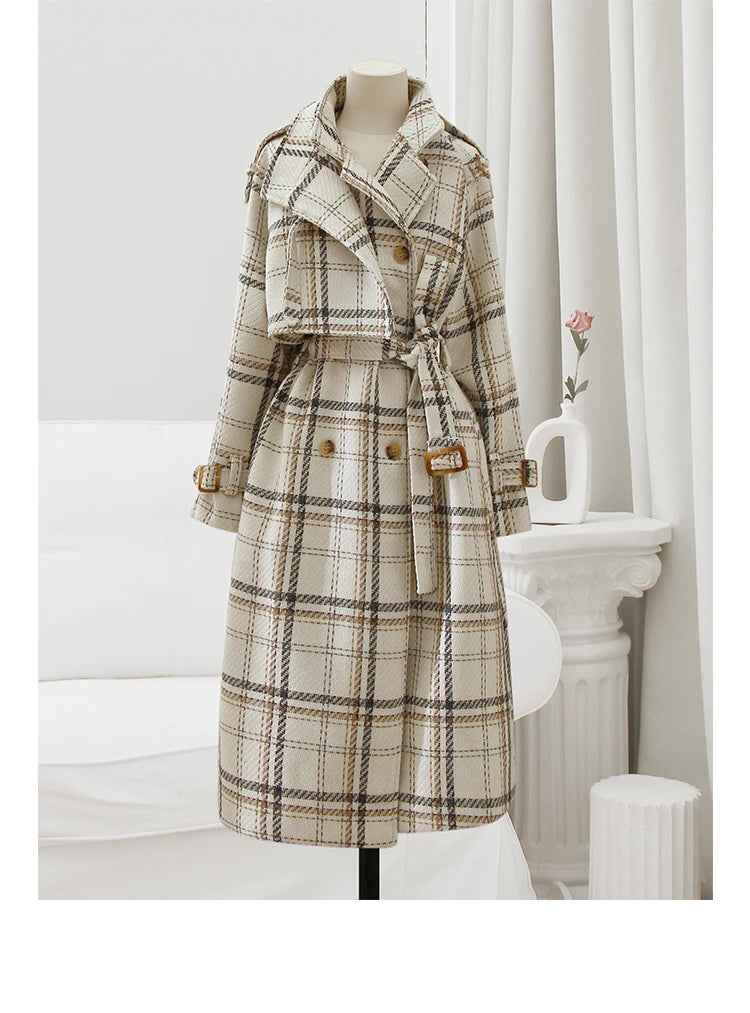 Lautaro Autumn Winter Long Loose Warm Plaid Wool Blends Trench Coat for Women Raglan Sleeve Belt Double Breasted Woolen Overcoat