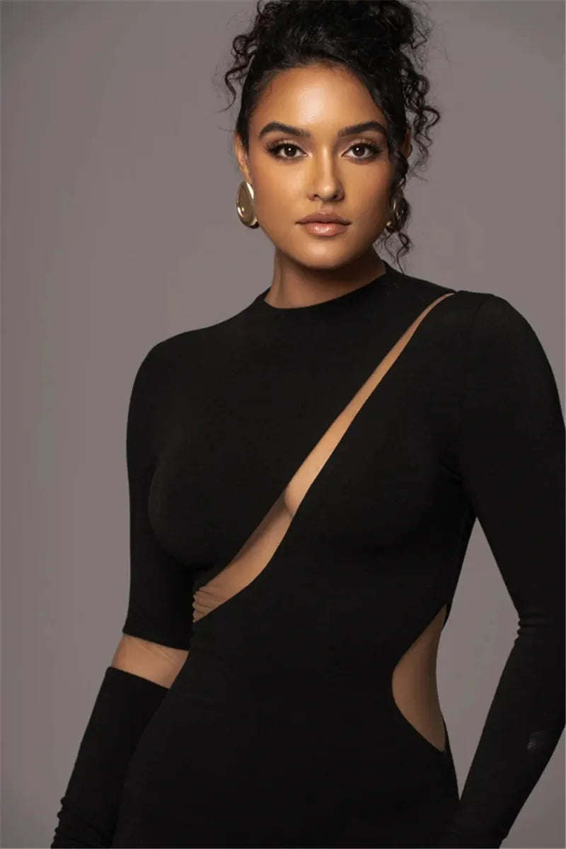 Mozision Turtleneck Long Sleeve Bodycon Maxi Dress For Women Autumn New Patchwork Hollow Out Club Party Sexy Long Dress Vestidos