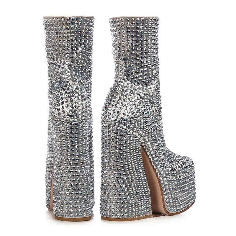 Women's European and American Fashion Super High Heel Short Boots Silver All Water Diamond Decoration Chelsea Short Boots