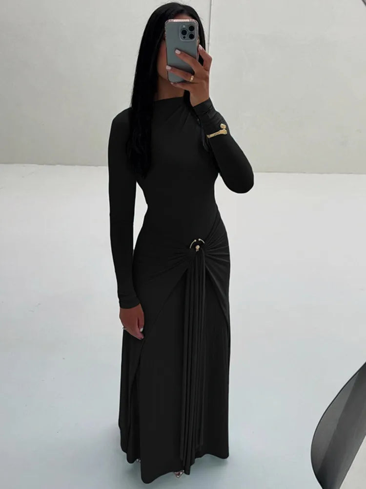 Mozision Elegant Long Sleeve Ruched Sexy Maxi Dress Women Gown Autumn Fashion Draped Bodycon Long Dresses Female Clothing