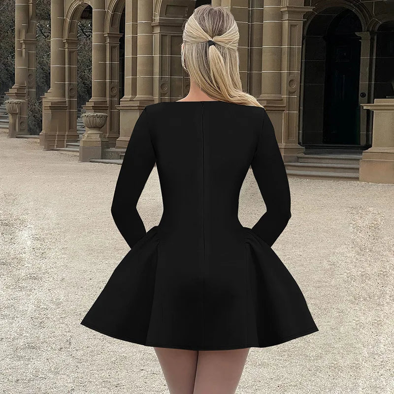 NIDANSSI Red Long Sleeve Evening Party Dress Women 2024 Pleated Robes Elegant Sexy Dress Bodycon Mini Winter Dress Vestidos