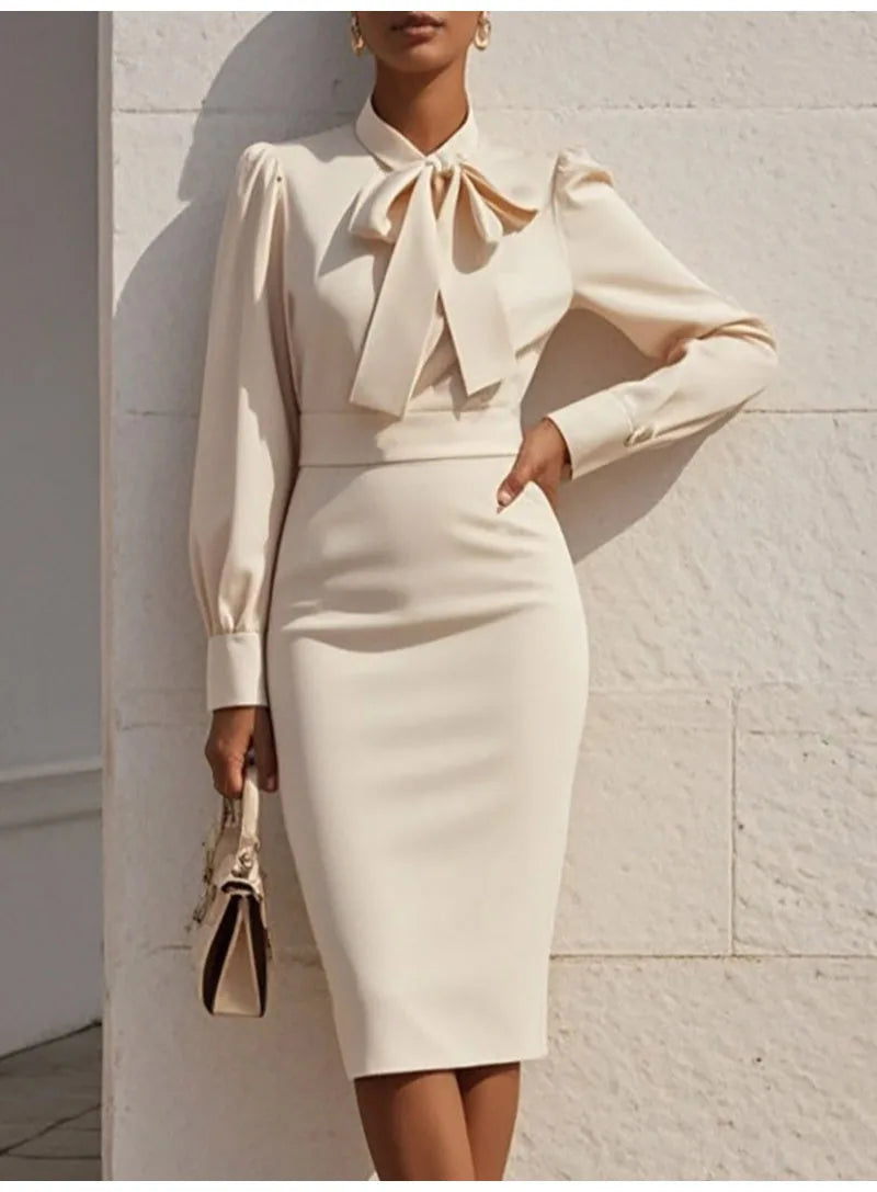 Elegant Slim Party Dresses For Women 2025 Fall Long Sleeve Bow Solid Color O-neck Midi Dress Casual