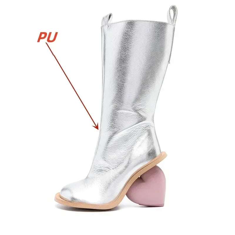 2024 New Women's Genuine Leather Mid Top Boots Fashion Round Toe High Heel Ankle Shoes with Zipper Stylish Comfortable Footwear