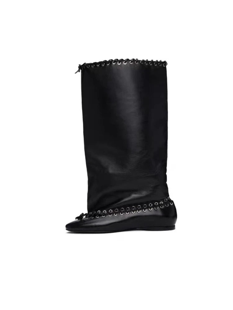 2025 Early Autumn New European and American Fashion Show Niche Fashion Slimming Wide Tube Height Increasing Pleated Pile Boots