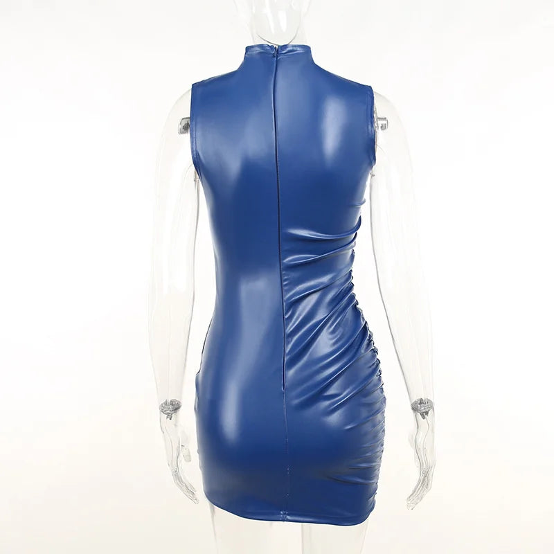 Mozision Winter New Sleeveless PU Leather Mini Dress For Women Robe Turtleneck Bodycon Ruched Sexy Short Dress Vestido