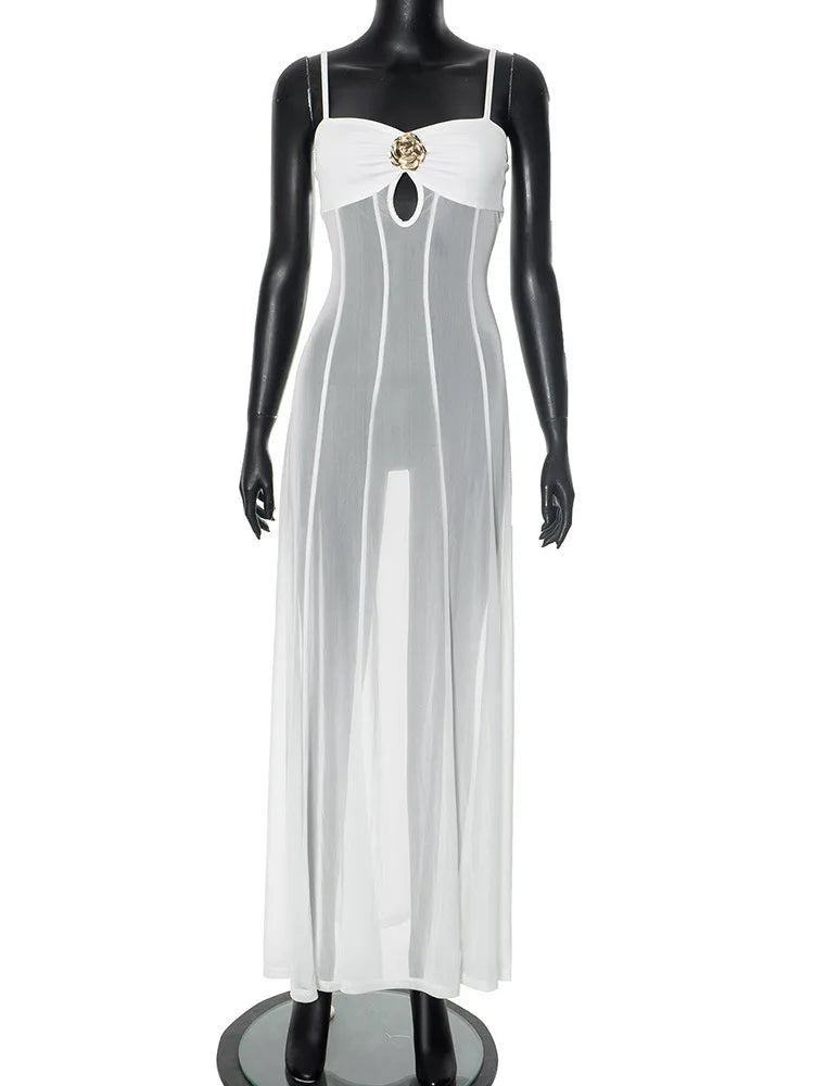Mozision See Through Spaghetti Strap Sexy Maxi Dress For Women Gown Summer New Metal Buckle Sleeveless Backless Beach Long Dress