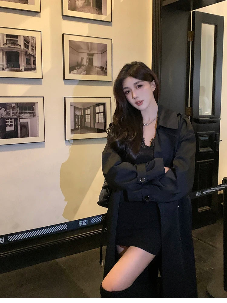 Lautaro Spring Autumn Long Black Hard Waterproof Trench Coat for Women Belt Double Breasted High Quality Luxury Overcoat 2024