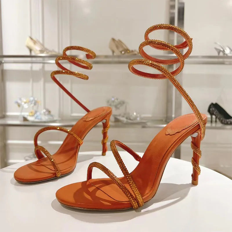 Luxury High Heels Sandals Woman Rhinestone Snake Twine Around Ankle Strap Wedding Shoes Stiletto Summer Gladiator Sandals Women