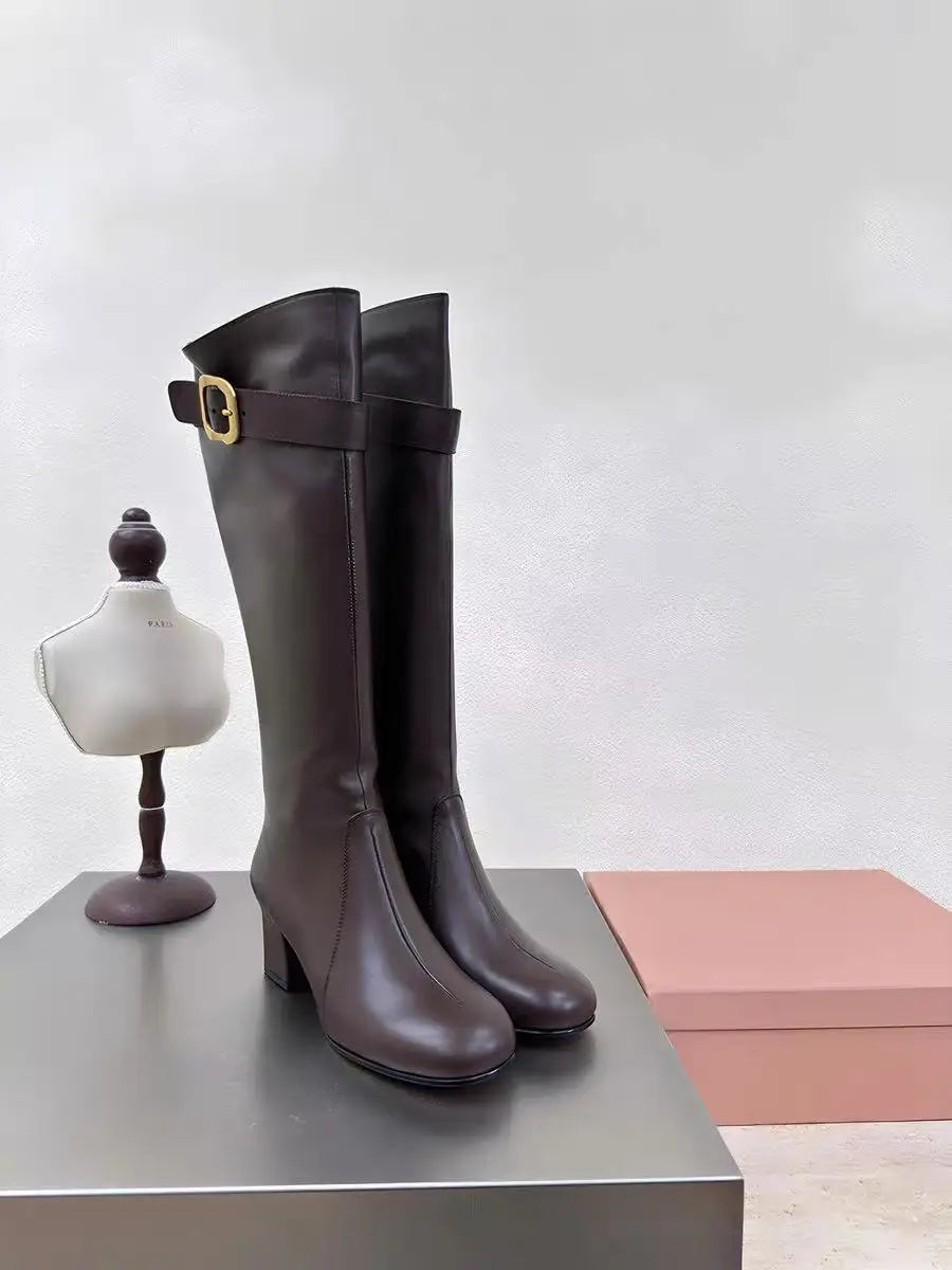 European and American Sexy Hot Girl Belt Buckle Thick High Heels Round Toe Back Zipper Knee Highboots Women's Retro Elasticshoes