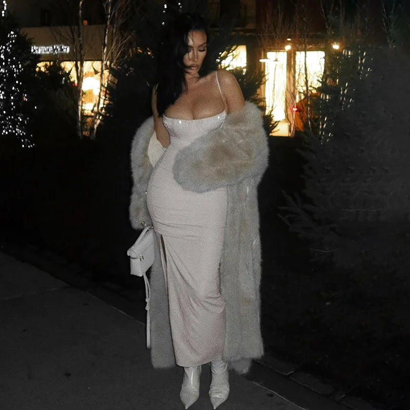 NIDANSSI Beading Split Evening Club Party Dress Women Robes Backless Elegant Sexy Dress Bodycon Midi Long Summer Dress Vestidos