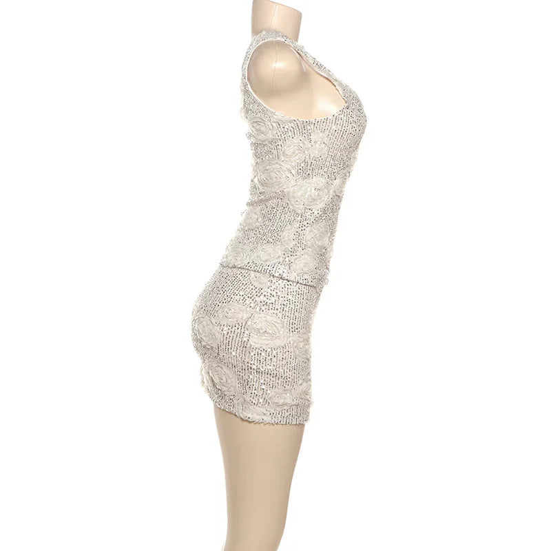 Mozision Sparkle Sexy Two Piece Set Women Elegant Square Collar Sleeveless Tank Top And Mini Skirt Matching Sets Club Dress Set