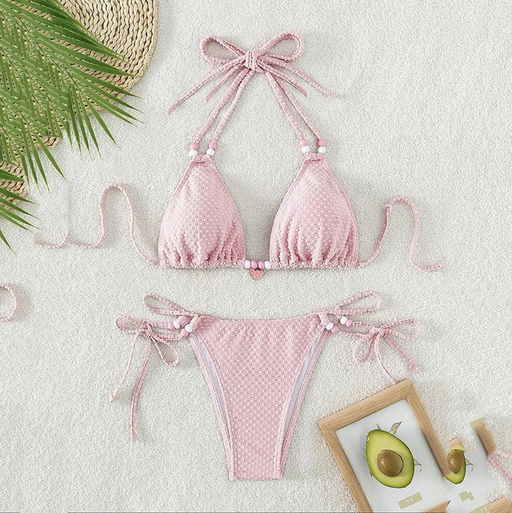 Sexy Pink Micro Thong Bikinis Sets Bead String Halter Swimwear Women Mini Swimsuit Bathing Suit Lace-up Biquinis Triangle Bikini