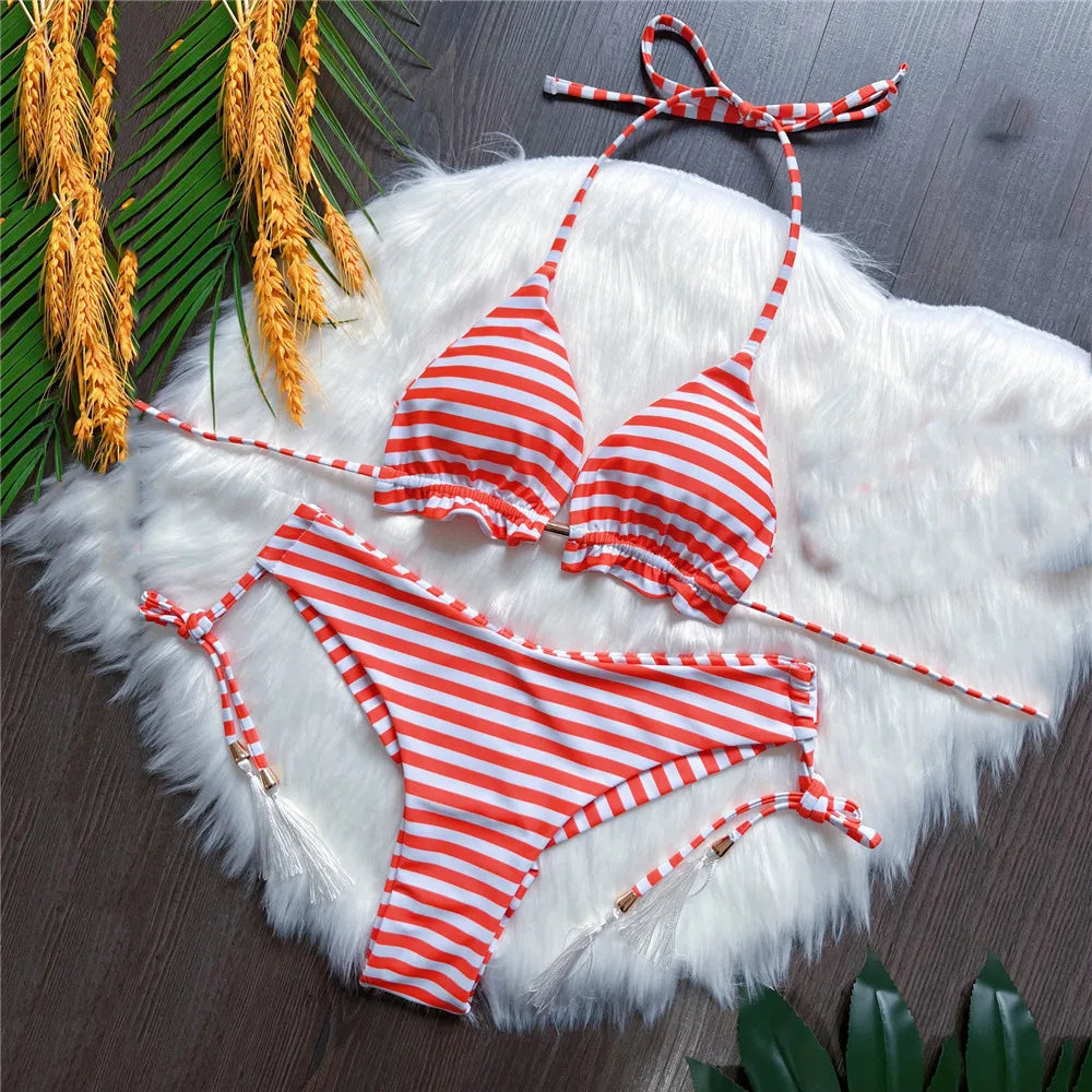 Red Striped Print String Halter Triangle Bikinis Sets Sexy Swimsuit Women Lace-up Swimwear Bathing Suit Thong Bikini 2025 Mujer Wofashion.xyz