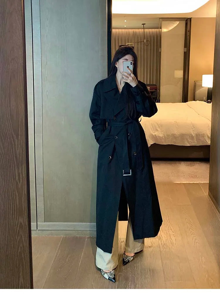 Lautaro Spring Autumn Long Black Hard Waterproof Trench Coat for Women Belt Double Breasted High Quality Luxury Overcoat 2024