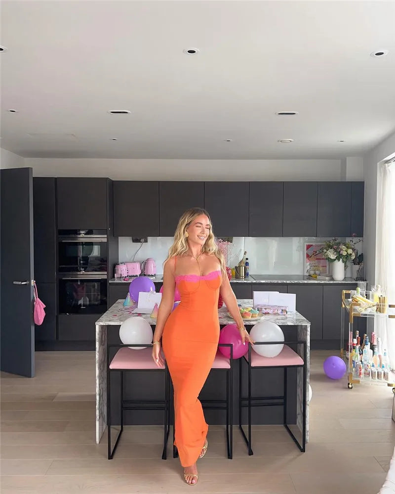 Mozision Lace Spaghetti Strap Bodycon Maxi Dress Women Gown Patchwork Fashion Sleeveless Backless Sexy Club Party Dress Elegant