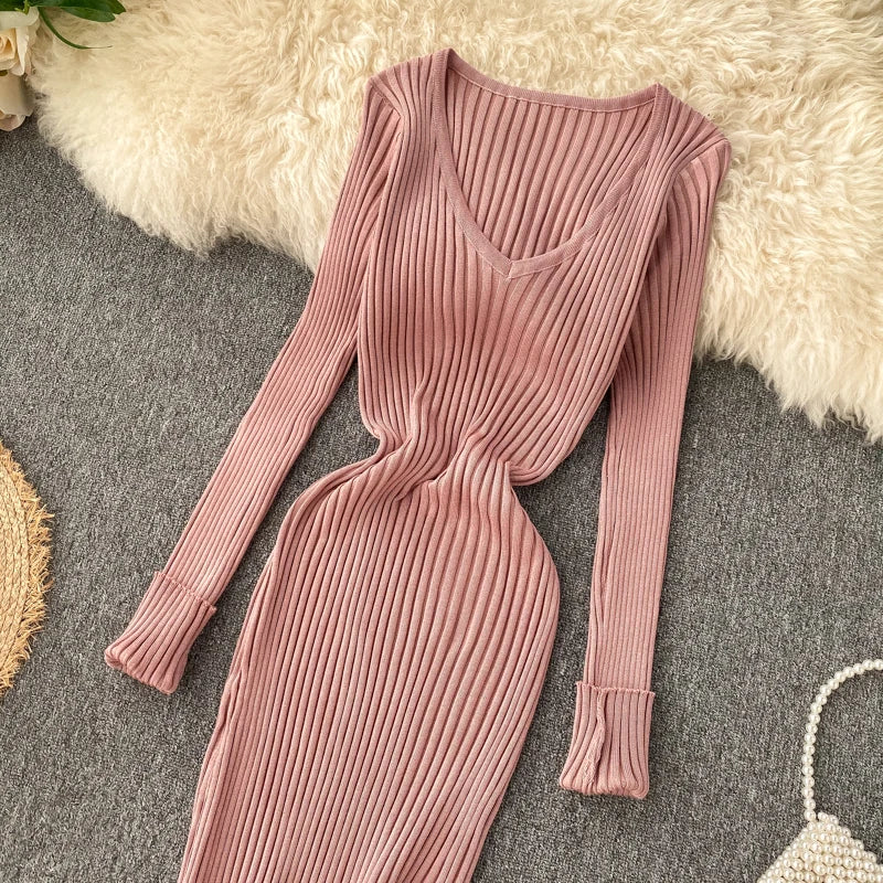 Women's Knitted Midi Dr Pure Color Long Sve Slim Fit High Waist V-Ne Korean Sle Faionable Autumn Winter Dr