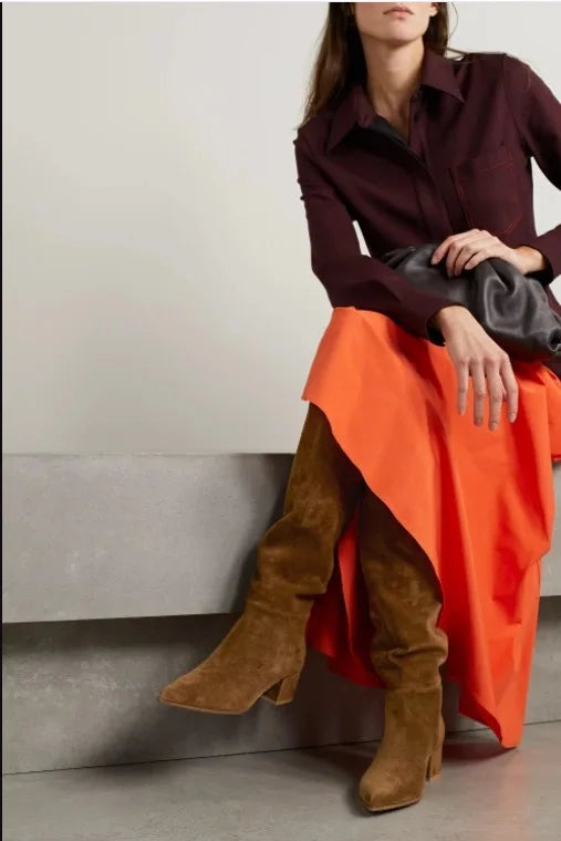 Ladies' Autumn and Winter Suede Thick High-heeled Oversized Knee High Boots, European and American Sexy Versatile Sleeve Boots