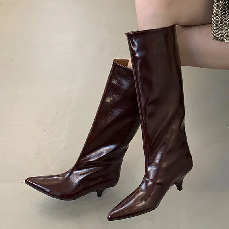 Winter New Fashion Knee-High Boots Women Pointed Toe Elegant Thin Low Heel Casual Ladies Pumps Shoes Long Botas Mujer