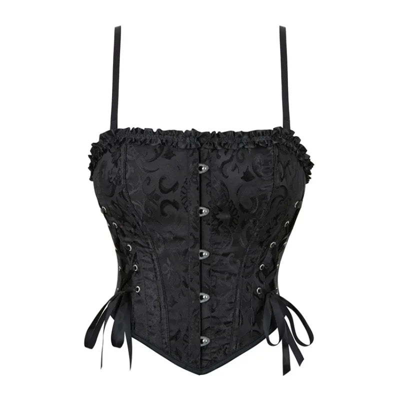 Spaghetti Straps Camisole Overbust Corset for Women Lace Up Bustier Jacquard Body Shaper Short Torso Corselet Vest Sleeveless