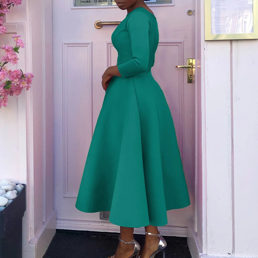 Elegant Party Dress for Woman 2024 Modern O Neck Three Quarter Sleeve High Waisted A Line Mid Calf Birthday Dinner Wedding Cloth