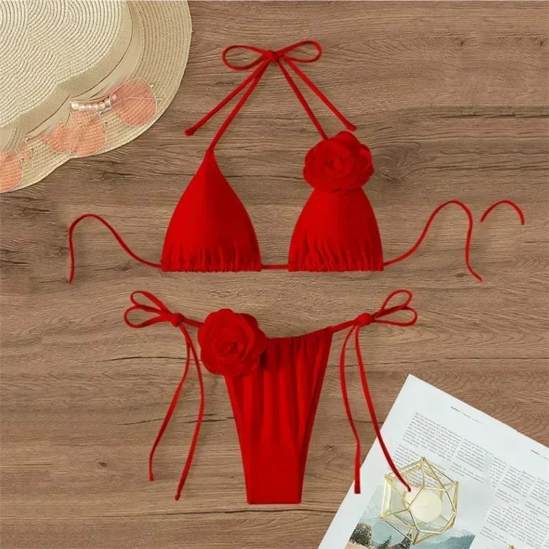 Sexy 3D Flower Black Triangle Bikinis Sets Micro Thong Swimsuit Women String Halter Bathing Suit Bikini 2025 Mujer Biquinis Swim