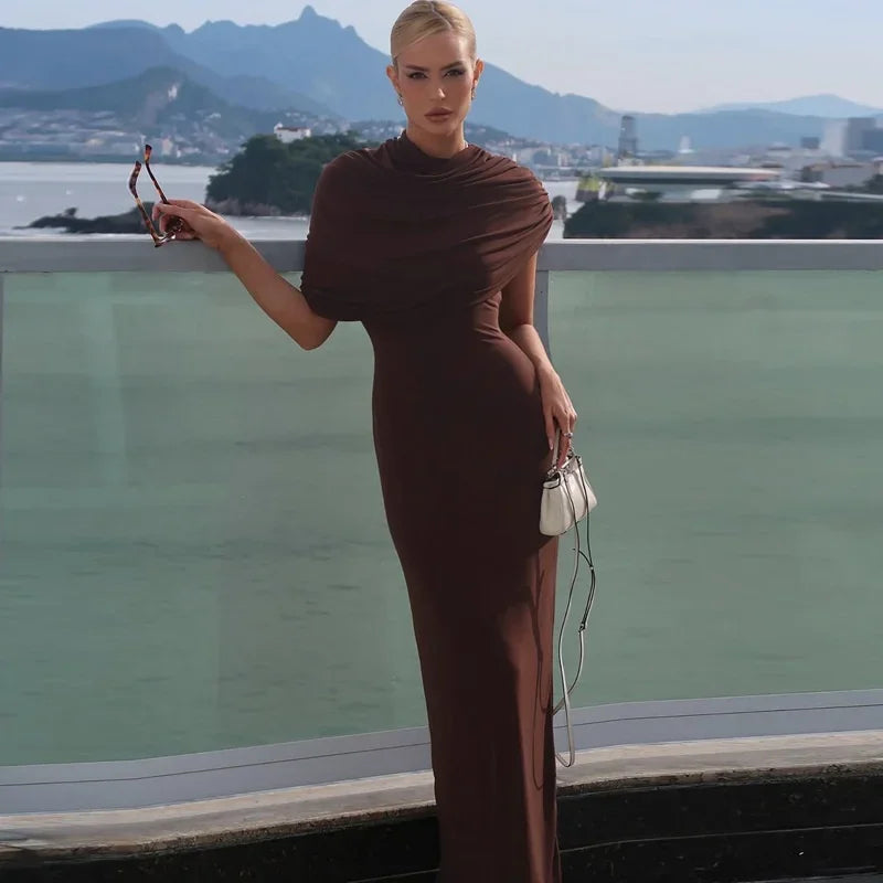 Irregular Ruched Sexy Maxi Dress For Women Elegant Autumn Inclined Shoulder Pleated Club Party Long Dresses Female