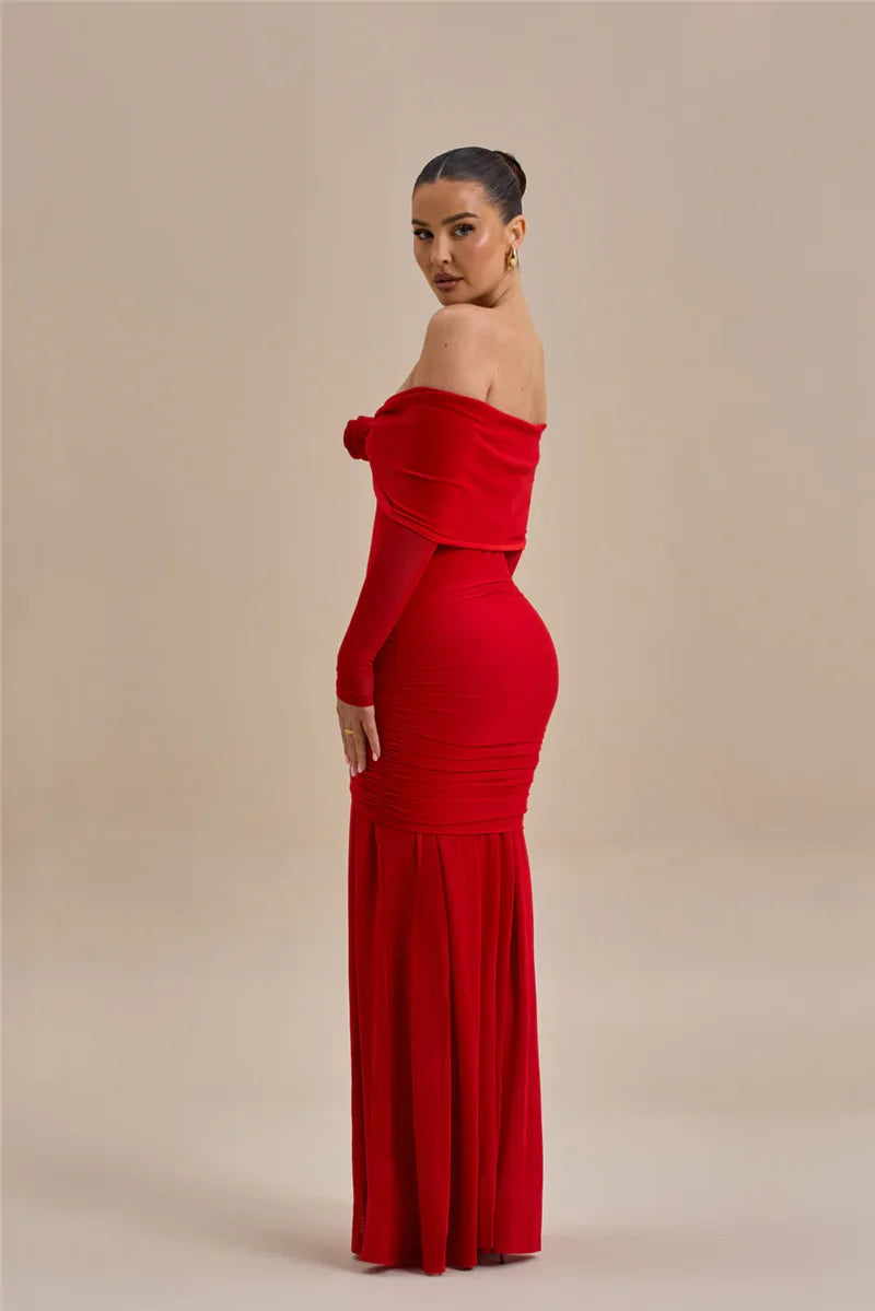 Mozision Off-shoulder Strapless Rose Sexy Maxi Dress For Women Fashion Long Sleeve Backless Ruched Bodycon Club Party Dress