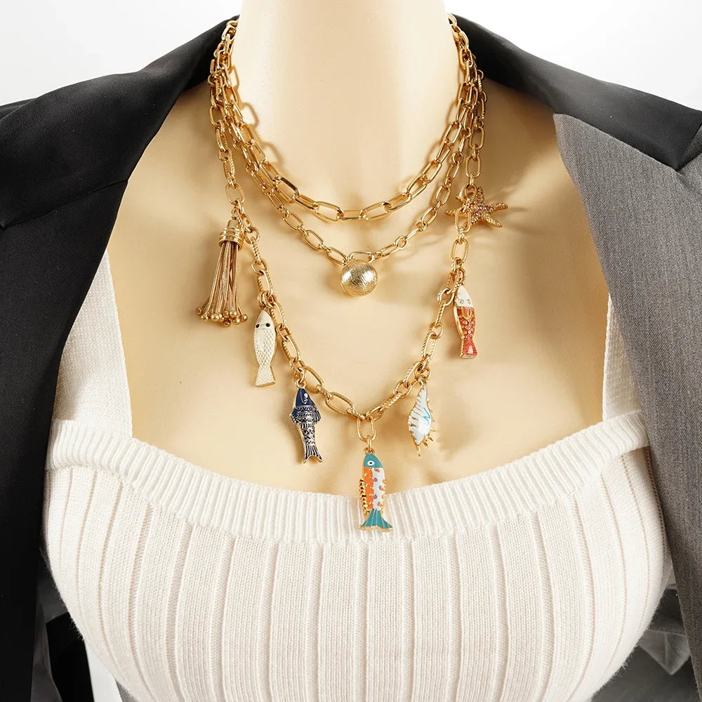 Fish Necklace for Women, Bohemian Fashion, Ethnic Hawaiian Beach Jewelry with Round Ball Pendant, Double Gold Chain Wofashion.xyz