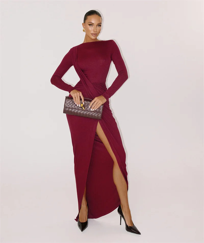 Mozision Long Sleeve Thigh High Split Sexy Maxi Dress Women Gown Elegant O Neck Draped Ruched Bodycon Club Party Long Dresses