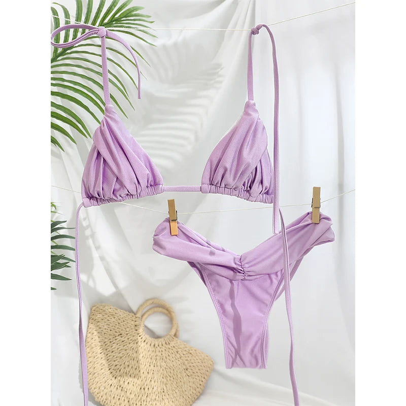 Triangle Bikinis Sexy Swimsuit Women Bandage Swimwear 2025 Bikini Set Solid Color Beachwear Two Piece Suit Female Swimsuits