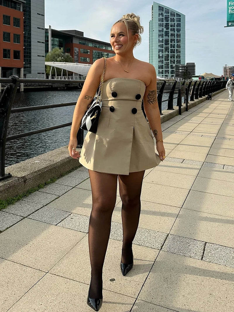 Mozision Off-shoulder Strapless Sexy Mini Dress For Women Khaki Fashion High Waist Backless Sleeveless Club Party Dress Elegant