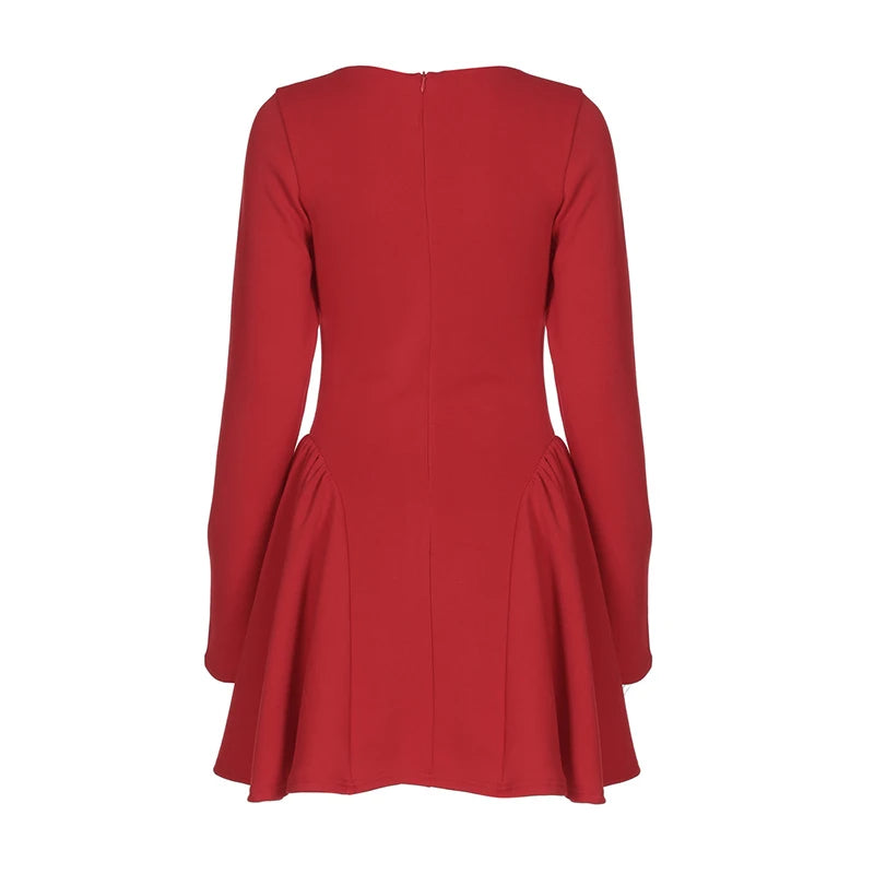 Mozision Elegant Long Sleeve Sexy Mini Dress For Women Solid O Neck High Waist A-line Bodycon Club Party Dress Clubwear New