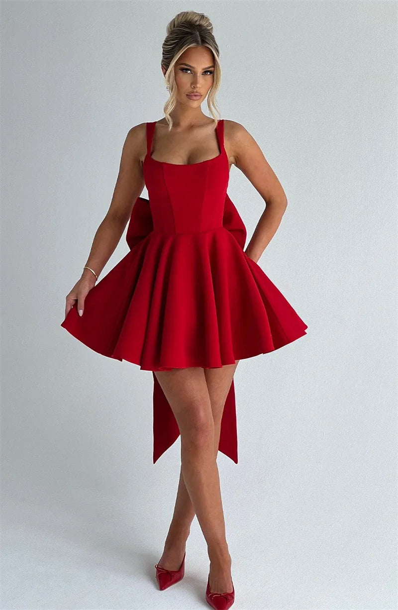 Mozision Backless Bow Sexy Mini Dress Women Fashion Elegant Spaghetti Strap Sleeveless High Waist A-line Club Party Dress New