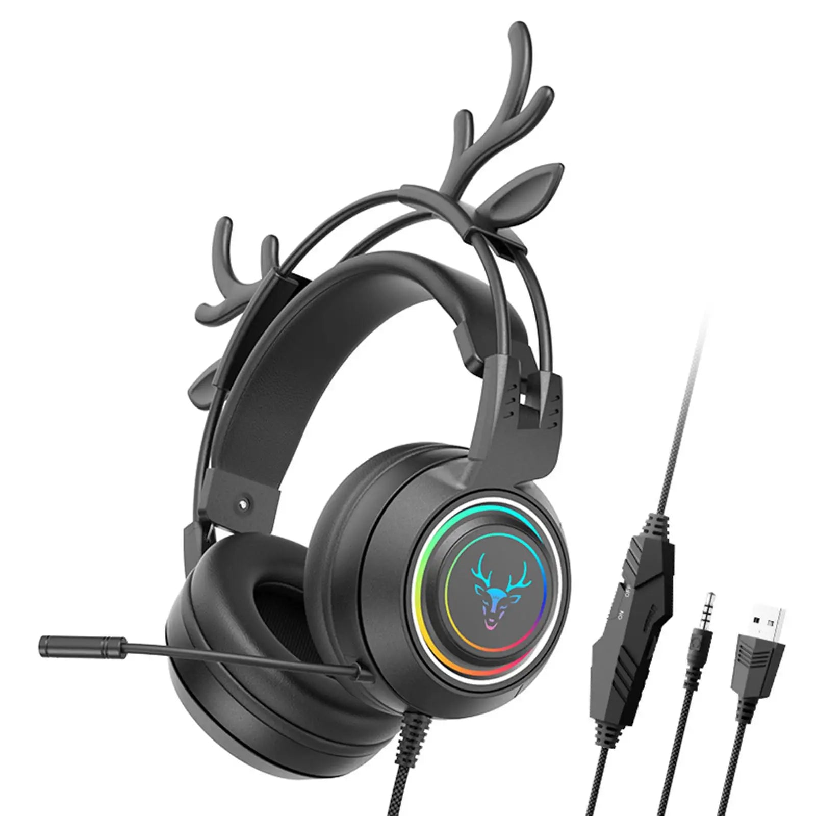 Wired Gaming Headset with Rotatable Microphone Detachable Antlers Earphones Stereo Computer Gaming Headphone for Laptop Tablet