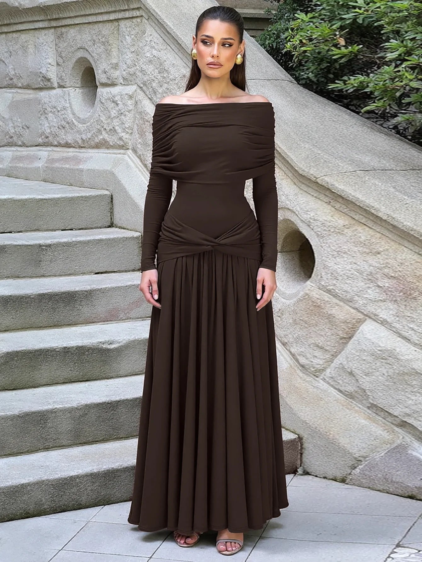 Dulzura Off Shoulder Long Sleeve Backless Ruched Slim Fit Pleated Long Dress Women'S Solid Sexy Dress Clothes Party Club Clothes Wofashion.xyz