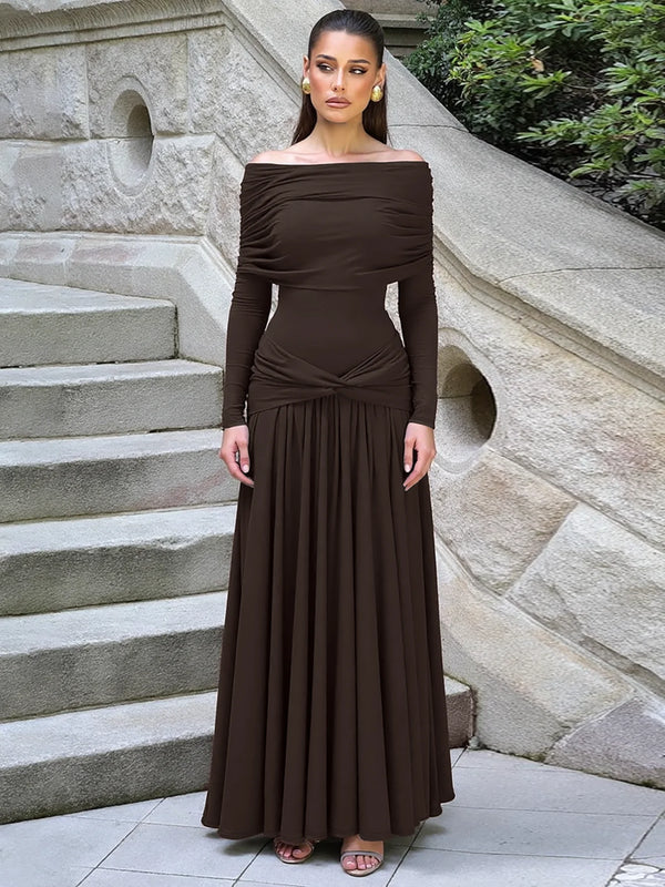 Dulzura Off Shoulder Long Sleeve Backless Ruched Slim Fit Pleated Long Dress Women'S Solid Sexy Dress Clothes Party Club Clothes Wofashion.xyz