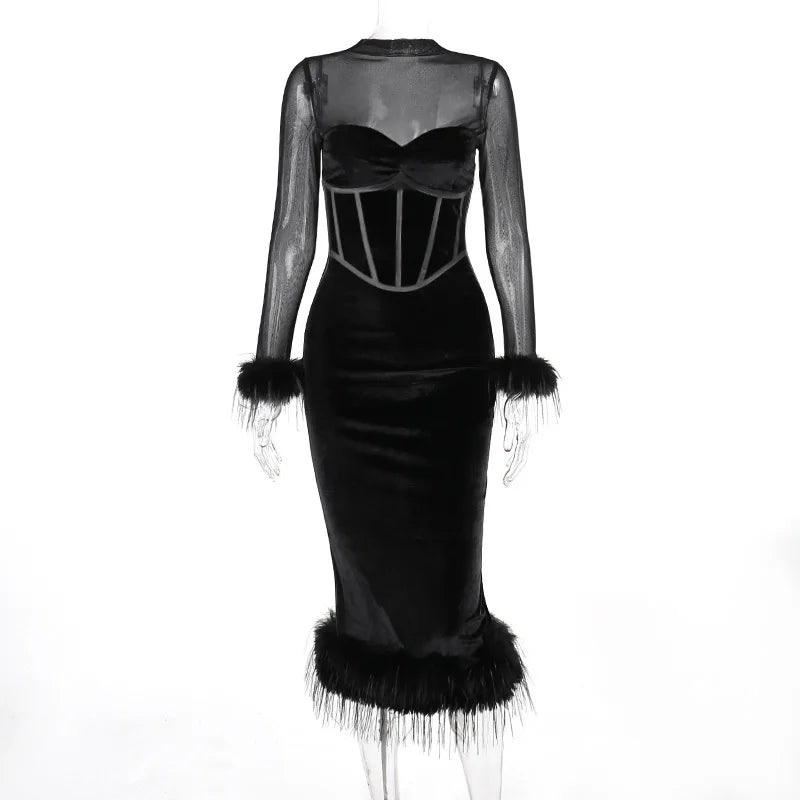 Mozision Elegant Feather Sexy Midi Dress For Women Black Fashion Sheer Long Sleeve Backless Bodycon Club Party Long Dress