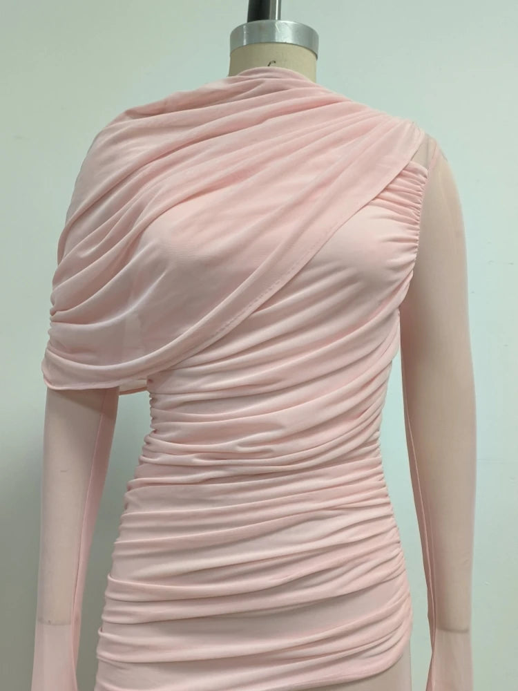 Sexy O Neck Mesh Patchwork Folds Long Dress Women Pink Long Sleeves Asymmetrical Folds Slim Dresses Evening Party Formal Gowns