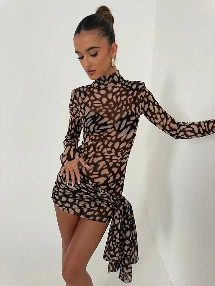 Mozision Mesh Leopard Print Sexy Mini Dress For Women Robe Fashion Turtleneck Draped Ruched High Waist Club Dress Vestido