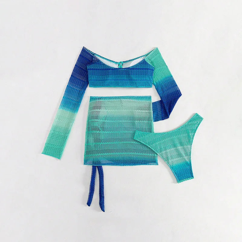 Blue Long Sleeve Swimsuit Bikinis Sets 3 Piece Women Front Lace-up Swimwear with Cover Up Mini Skirts Beach Wear Bathing Suit