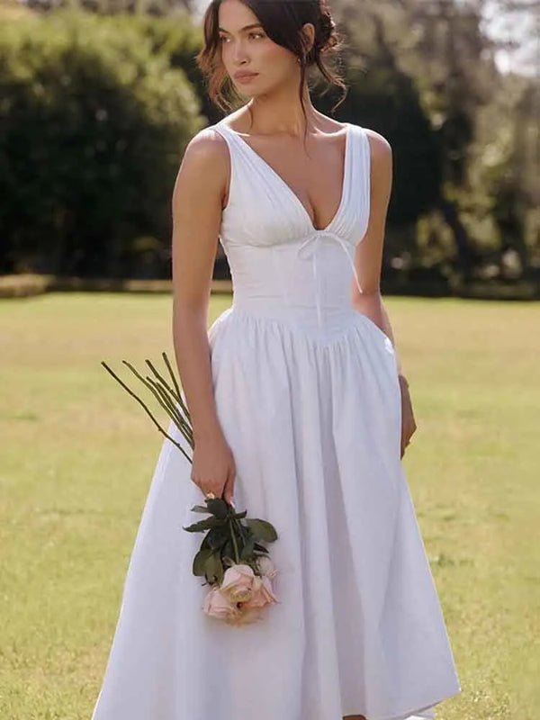 NIDANSSI White Pleated Lace Up Backless Holiday Casual Dress Women Elegant Sexy Dress Bodycon Midi Long Summer Dress Vestidos Wofashion.xyz