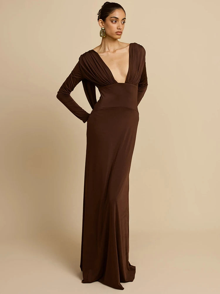 Mozision Elegant Deep V Neck  Backless Sexy Maxi Dress For Women Brown Long Sleeve High Waist Ruched Club Party Long Dresses