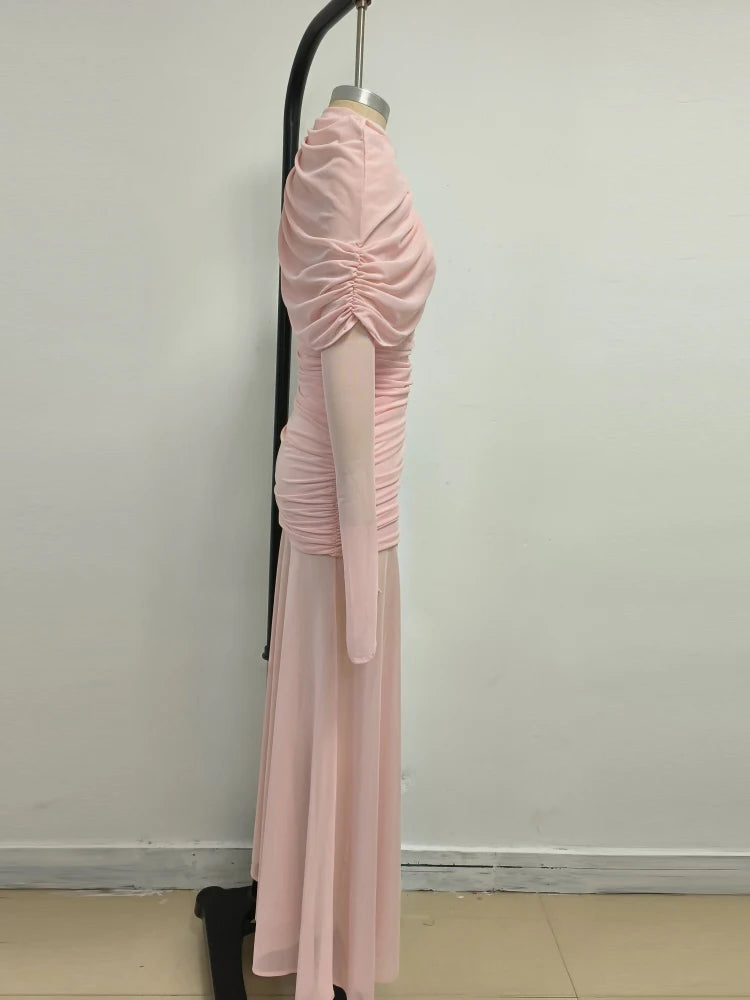 Sexy O Neck Mesh Patchwork Folds Long Dress Women Pink Long Sleeves Asymmetrical Folds Slim Dresses Evening Party Formal Gowns