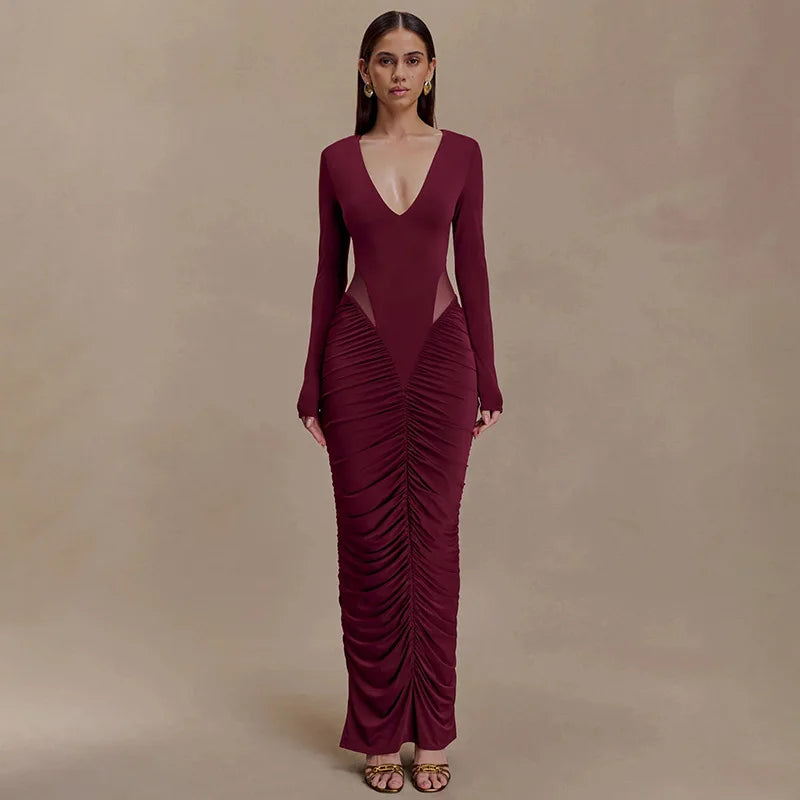 Blifanbo Elegan Deep V Neck Bodycon Maxi Dress Women High Waist Pleated Long Sleeve Solid Patchwork Club Party Long Dress Autumn