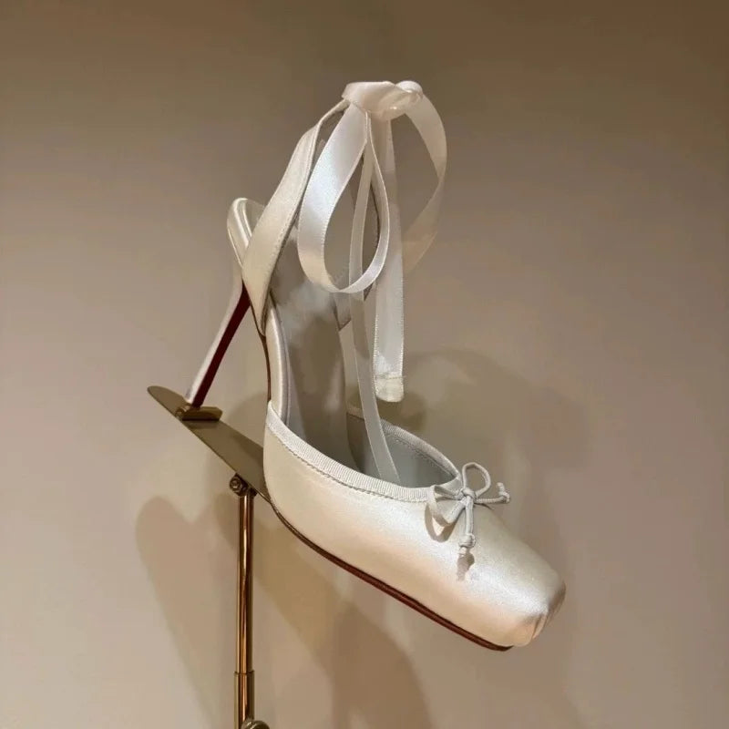 Luxury Design Woman Sandals 2025 Summer High Quality Square Satin High-heeled Female Shoes With Ankle Straps Wedding Flip Flops