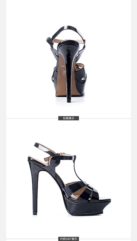 Women's Summer European and American Fashion Stiletto Waterproof Platform Leather Open Toe Round Head Buckle Sandals